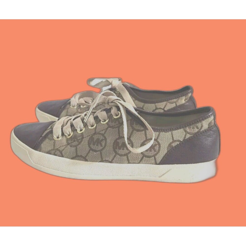 Michael Kors Women's Logo Cloth & Brown Leather Lace Up Sneakers Size 7.5